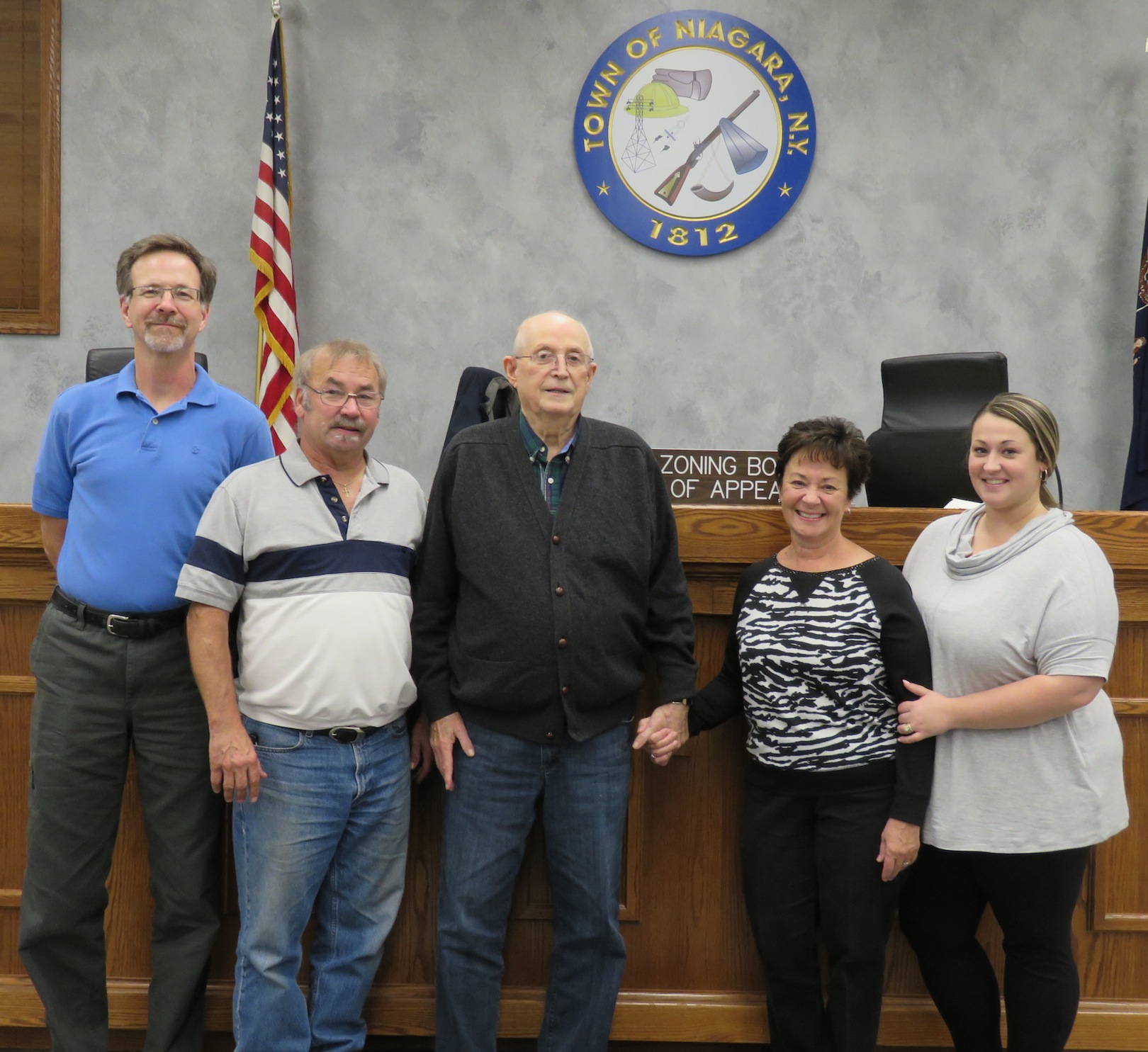 Pictured are members of the Zoning Board of Appeals with Jim Walsh. From left, Tom Cuddahee, Pat Barney, Walsh, JoAnna Wallace and Jody Wienke. (Photos by David Yarger)